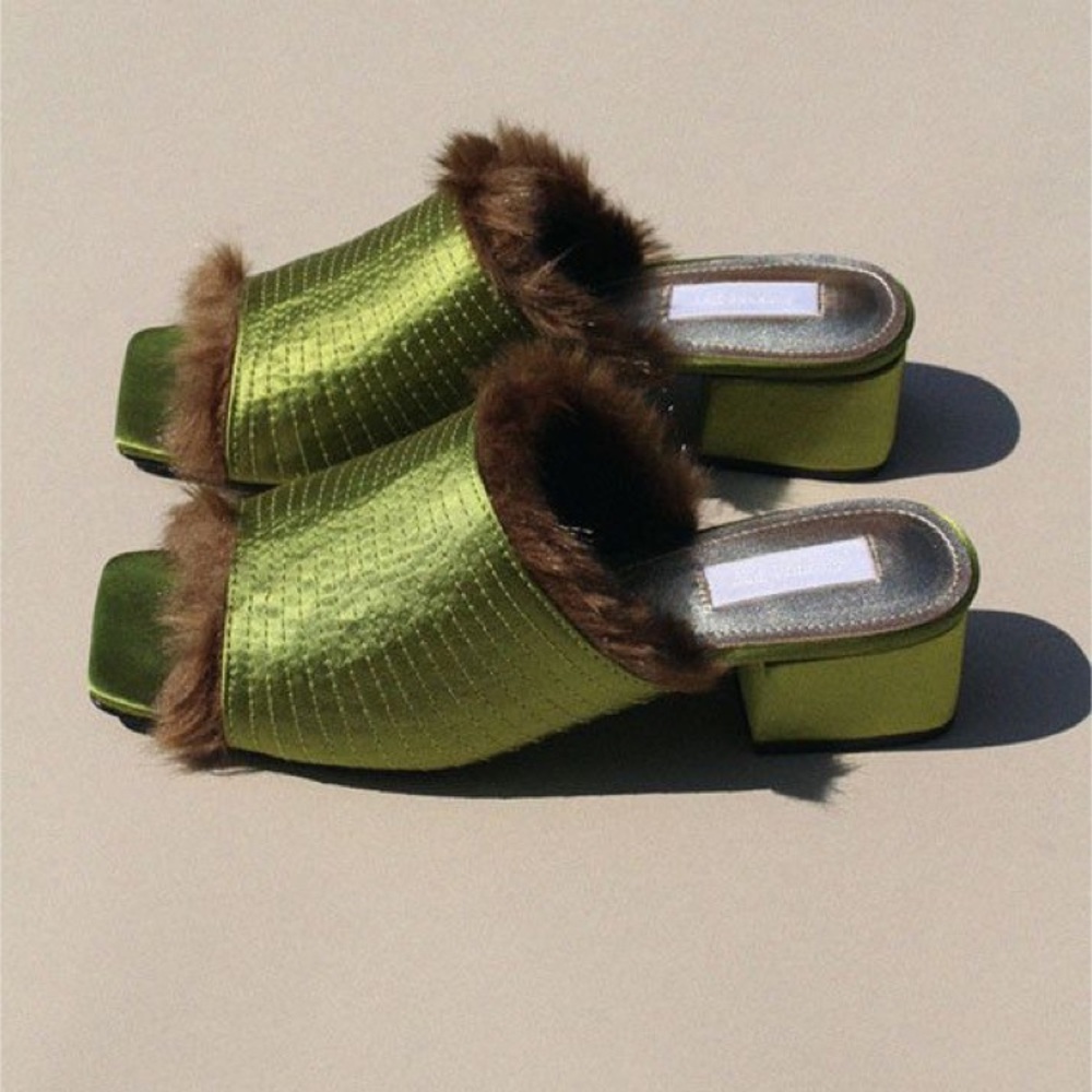 ISO green satin Suzanne Rae slides, 40 or 41